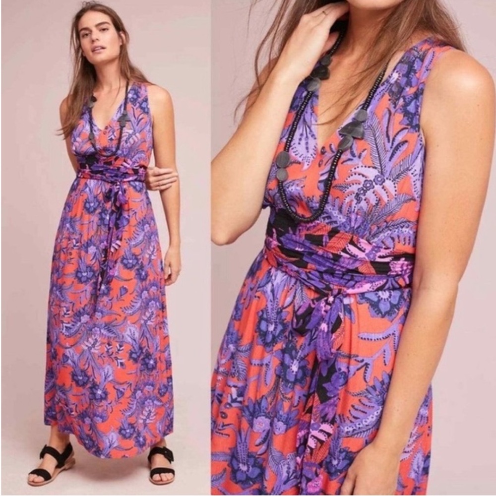 New Anthropologie Maeve Macie Maxi Dress Sz 12 Floral Purple Red V-Neck NWT - Picture 3 of 7